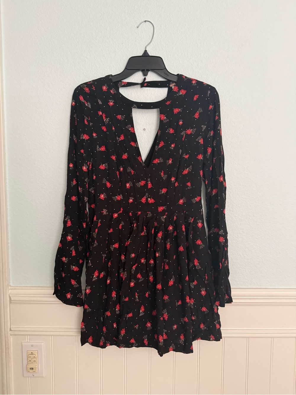 Free People Black Romper with Red Floral Print